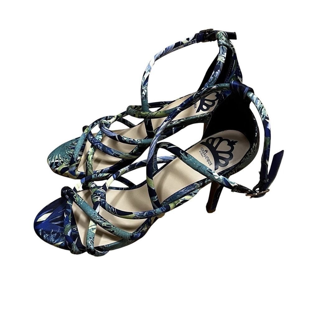 Fergalicious Hannah Strappy Heel Blue Tropical Floral Fabric Sandal 7.5M Party